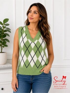 Green Argyle Sweater Vest Women’s Small Preppy Knit V-Neck